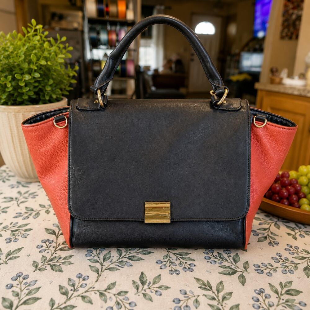 Merona Gray Orange Colorblock Satchel Handbag Gold Tone Top Handle Purse